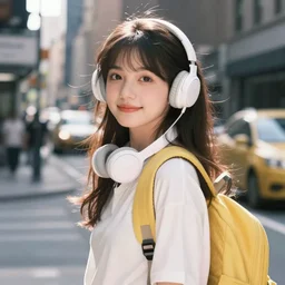 cute Chinese girl with headphones and a yellow backpack in NYC