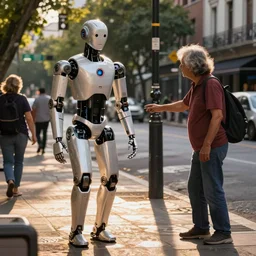 Humanoid robots in the streets of Buenos Aires, helping people find their way, on the sidewalk