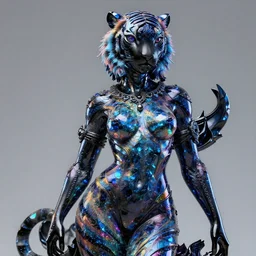 hyper detailed ultra sharp portrait of baroque and bladerunner delicate neon sapphire sculpture of seductive onyx prince royce tigers rainbowiridescent humanoid deity wearing metallic hoody made out of leaves holding the sun prismatic dungeon, glowing rainbow face, crown of white diamonds, cinematic lighting, photorealistic, octane render 8 k depth of field 3 d