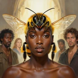 portrait of a stunning god of bees, dark skin. light coming from background. realistic, symmetrical face. art by bowater charlie, mark brooks, julie bell, arian mark, tony sandoval