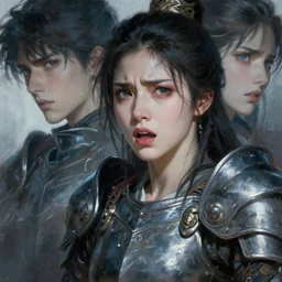 female warrior, lovely delicate face, panic expression, beautiful woman, close - up shots of faces, oil painting, passion, bravery, intricate armour costumes, light and shadow effects, intricate, digital painting, art station, concept art, cold tones, sharp focus, morandi color scheme, sharply shaped, illustration, 4 k wallpaper, masterpiece, gorgeous, art by reiq, art by takeshi obata,