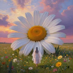 giant daisy flower head, girl with veil walking in a flower field, surreal photography, sunrise, dramatic light, impressionist painting, colorful clouds, digital painting, artstation, simon stalenhag