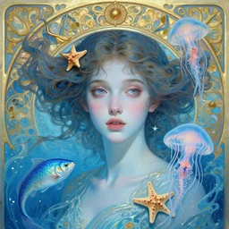 portrait of the gorgeous young goddess of the light blue holy water light, unusually unique beauty, swimming fish, small jellyfish, starfish, emotionally evoking symbolic metaphors, head in focus, fantasy, ornamental, intricate, elegant, sensual, highly detailed digital painting, artstation, concept art, painterly, golden ratio, sharp focus, illustration, art by john william godward and alphonse mucha and zdzisław beksinski,