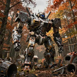 hyper realistic photography of abandoned ruined giant mecha junkyardd in the autumn forest brom, mucha, moebius, craig mullins, juan gimenez artstation cgsociety