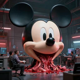a giant mickey mouse head, factory floor, dissected by network executives, octane render, cgstation, 3 d render, very detailed, mindblowing, blood and guts, gritty, cyberpunk, red and cinematic lighting, hyper realism