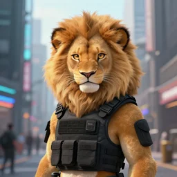 beautiful furry art portrait commission of a female furry anthro lioness fursona wearing a tactical flak vest in the streets of a cyberpunk city at night in the snow. neon light. character design by charlie bowater, ross tran, artgerm, and makoto shinkai, detailed, inked, western comic book art