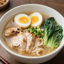 A delicious ramen with chicken, eggs, and veggies, photorealistic imagery, 35mm photography, 4k, 8k