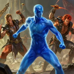 translucent realistic slim muscular blue armored suit superhero in battle, fantasy digital art, vivid color style artstation, style greg rutkowski and frank frazetta and mucha and richard corben, octane render, unreal engine 6, epic game graphics, fantasy, conceptual art, ray tracing