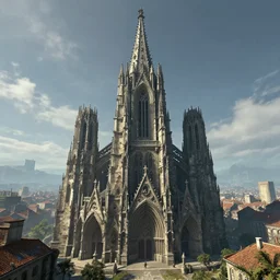 a giant cathedral towering above the city, medieval, fantasy apocalypse, digital art, mmo, 4 k,
