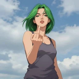 low angle shot portrait of a cool girl giving the finger to the camera with green hair, a 7 8 4 3 hairstyle, wearing a tanktop, giving the finger, blue cloudy sky, highly detailed, stylized, full body shot, portrait, concept art, vector line art, natural lighting, illustration, highly detailed, artstation