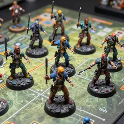painted figurines for a cyberpunk rpg, on a game board. intricate ; finely detailed.