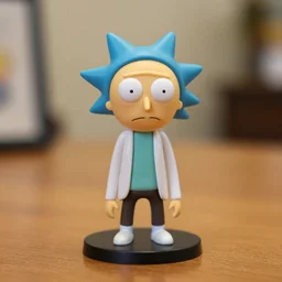 morty figurine by pixar sad bokeh on wooden table.