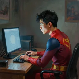 an insanely detailed painting of an asian man wearing a homemade superhero costume, sitting at a desk, staring at the nervously at the computer and typing, in the style of peter mohrbacher, dramatic lighting and composition, surreal background, octane render, pixar, trending on artstation, concept art, comic book, view from behind