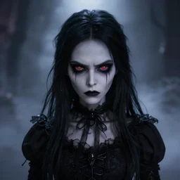 full shot portrait of angry darkness anime girl, gothic wearing, worrying eyes, inspired by Tim Burton, detailed, unreal engine 4k volumetric light, fog,