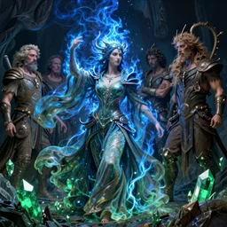 the female arcanist and the male artificer by zacharias aagaard and albert bierstadt and brom and zdzisław beksinski and greg staples and wayne barlowe and jean delville, beautiful, flowing magical robe, highly detailed, hyperrealistic, intricate, energy, electric, blue flame, low light, green crystal, high contrast, submission, resolute