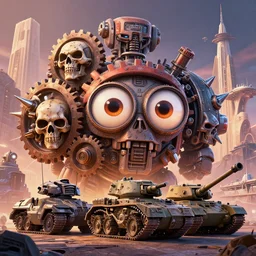 pixar googly eyes warm colored, highly detailed cinematic scifi render of 3 d sculpt of spiked gears of war skulls bucketwheel jabbas palace cybertron fury road m 1 tank, military chris foss, john harris, hoover dam'aircraft carrier tower'beeple, warhammer 4 0 k, halo, star citizen, halo, mass effect, high tech industrial, artstation unreal, 4 k, 8 k, hd