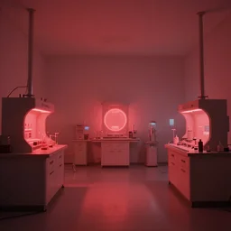 noisy color photograph of a retrofuturist liminal space, laboratory, red lights, minimalist, cinematic, soft vintage glow