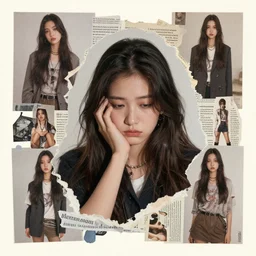 a beautiful aesthetic!!! collage! portrait of a depressed girl, made in a magazine clipping collage style, clippings of a fashion magazine, made by a depressed art student