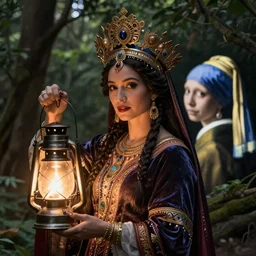 queen of the forest with her lantern by Annie Swynnerton and Nicholas Roerich and Vermeer, strong dramatic cinematic lighting , ornate headdress ,  lost civilizations, smooth, sharp focus, extremely detailed