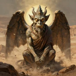 a portrait of a gargoyle monk with small horns and large wings in the style of victor adame minguez, desert background, uplit, enveloped in chaos, 8 k