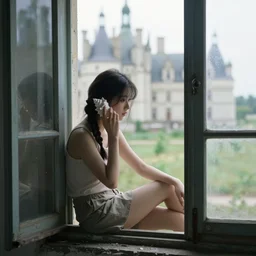 a young woman with her hair tied in a plait to one side, dark hair, sits in the window of a semi - abandoned chateau. she holds a shell to her ear.