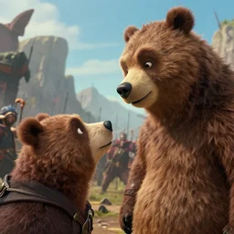 close up cinematic artwork of yogi the bear staring down the enemy on the battlefield by Greg Rutkowski, 4k, masterpiece