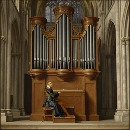 a renaissance painting of a man sitting on the seat of a pipe organ inside of a cathedral, the man is tiny im comparison to the size of the cathedral.