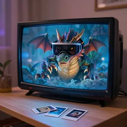 dragon popping out of tv, volumetric lighting, bedroom, visor, users, pair of keycards on table, bokeh, creterion collection, shot on 7 0 mm, instax