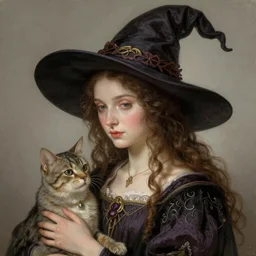 An extremely beautiful pre-raphaelite portrait of a cute witch and her cat, surreal, ultradetailed, intricate, elegant, detailed, digital painting, artstation, concept art, smooth, sharp focus, illustration, regal, award winning picture, extremely detailed masterpiece, sense of awe, featured on artstation, Artgerm, effervescent punk kawaii-noir pastel bubbles, winning award piece, ethereal rainbows, Aetherpunk, Exquisite details