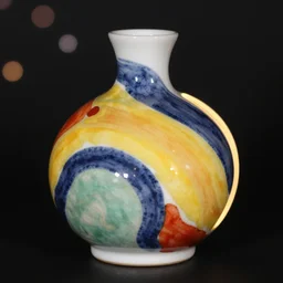 study of shino oribe yayoi ceramics with bold innovative organic shape, vibrant colors, individual piece, black background, lacquer, bokeh, nightlight, studio lighting, hard lighting
