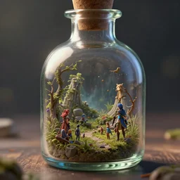 fantasy scenes inside a glass bottle with tiny people, character design, realistic, unreal engine 5, trending on artstation, Fantasy style, object , high detail