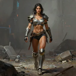 realist painting of a muscular female warrior in doomslayer power armor armor walking across a cyberpunk wasteland with no helmet, attractive female face, symmetrical face details, ultra realistic, very highly detailed, 8K, octane, Digital painting, concept art, illustration, rule of thirds, sharp focus, centered, The style of Syd Mead