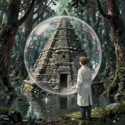 pov hyperrealist, dull colors, interior shot from howls moving castle 2 0 0 4 of a scientist approaching a cubic bubble in a flooded woodland stonehenge pyramid. bubble.