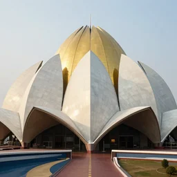 futuristic gold and white marble lotus temple, by buckminster fuller and syd mead, intricate contemporary architecture, photo journalism, photography, cinematic, national geographic photoshoot
