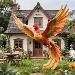 a realistic depiction of a phoenix if it existed in real life inside a beautiful cottagecore styled garden outside the home of a rich king, national geographic, photography, high resolution