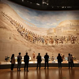 megalophobia!!!!! photo of an exhibit museum room, people looking at a big mockup depicting the full history of humanity, national art museum, scientific, ethereal, rule of thirds
