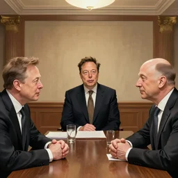 illustration of a meeting between elon musk, mark zuckenberg, jeff bezos, very detailled, by artgem