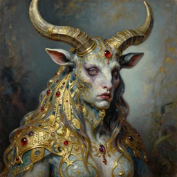 highly detailed sharp focus extremely hyperrealistic horrifying creepy 3 / 4 portrait oilpainting of minotaur lady mythical portrait by michael hussar in style of michael hussar and rene lalique artnouveau ceramic effect gild strips gold and ruby decorated like ali franco's paintings memento mori 8 k