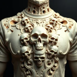 ivory t - shirt, various skulls carved into the surface, intricate details, photorealism, 8 k, octane render, stunning craftsmanship, artstation
