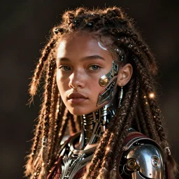 futuristic himba young woman, cybernetic eye, mechanical limbs, glowing dreadlocks, realistic concept art, dramatic lighting, intricate, depth of field, upper body