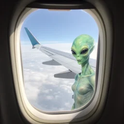 a female alien on the wing of an aeroplane seen through the window