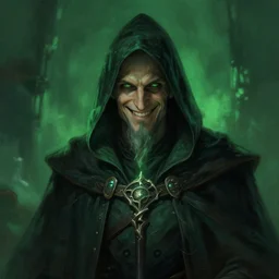 portrait of necromancer smiling. green lighting. fantasy, digital painting, hd, detailed.