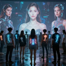 diverse groups of humans with glowing electronic body implants projecting amazing images, from behind, rebirth, beauty, wide angle, elaborate, wet, highly detailed, colors, beautiful lighting