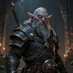 A fantasy comic book style portrait painting of a gray dwarf with white eyes as a warrior in a atmospheric dark fortress, unreal 5, DAZ, hyperrealistic, octane render, RPG portrait, ambient light, dynamic lighting