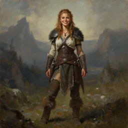a full body high detail fantasy portrait oil painting illustration of maya hawke as a beautiful young rugged smiling barbarian woman by justin sweet with face and body clearly visible, in a scenic background, pupils visible, realistic proportions, d & d, rpg, forgotten realms, artstation trending, high quality, sombre mood, artstation trending, muted colours, entire person visible!