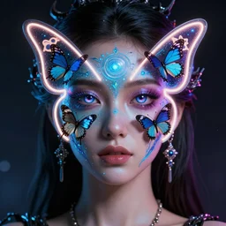a portrait of a beautiful attractive girl with a neon butterfly face head, very detailed fixed glass eyes, butterflies, cult secret society, cosmic magic, art by james paick, and shaddy safadi, ominous, cosmic horror, trending on artstation, ultra detailed, hyper realistic 4 k, octane, cinema 4 d, c 4 d beeple render