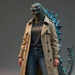 a female humanoid godzilla dressed in a trench coat, t - shirt, and jeans trending on artstation deviantart pinterest furaffinity detailed realistic high resolution hd 8 k