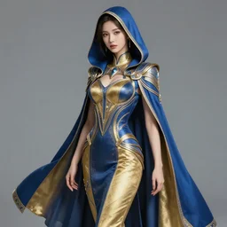 detailed beautiful hooded noun in blue gold coat, seductive confident pose, attractive feminine curves, intricate details, futuristic, elegant cape, elegant, white, blue, black, photorealism, trending on artstation, holy halo, advanced technology, art by moebius and vitaly bulgarov and chanthara