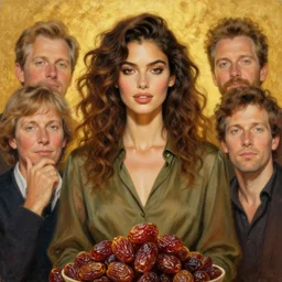 epic painting drawing, full figure portrait of beautiful supermodel wearing olive blouse, curly hair, sweet egyptian dried dates, photography by amy leibowitz, wlop, jeremy lipkin, beeple, intricate, symmetrical front portrait, artgerm, golden glowing background