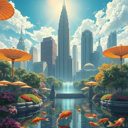 art deco 1 9 2 0 metropolis optimistic colorful sunny parasols hologram koi lush parks trees flowers water clear focus brutalist monolith skyscrapers [ art deco motifs ] fantasy by ross tran greg rutkowski intricate elegant retro futuristic highly detailed artstation